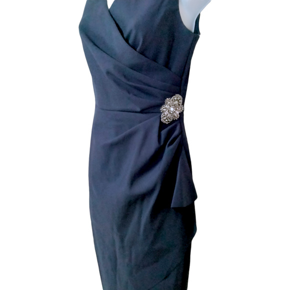 Alex Evenings Dress Womens 2 Blue Side Draped Rhinestone Brooch Wrap NEW - Picture 7 of 10